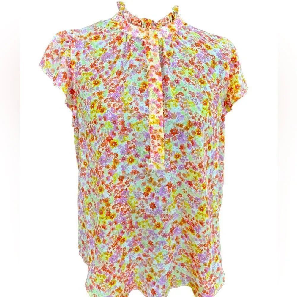 Alex & Lili floral button front sleeveless blouse w/ stand up ruffle collar sz M